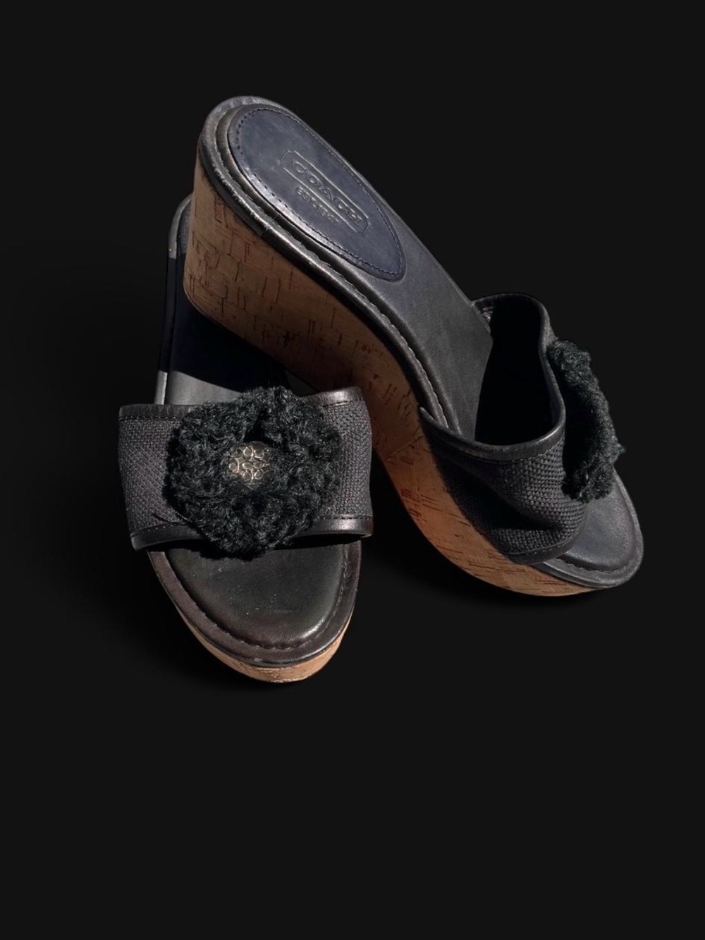 Coach Black Floral-Trim Cork Wedge Slide Sandals